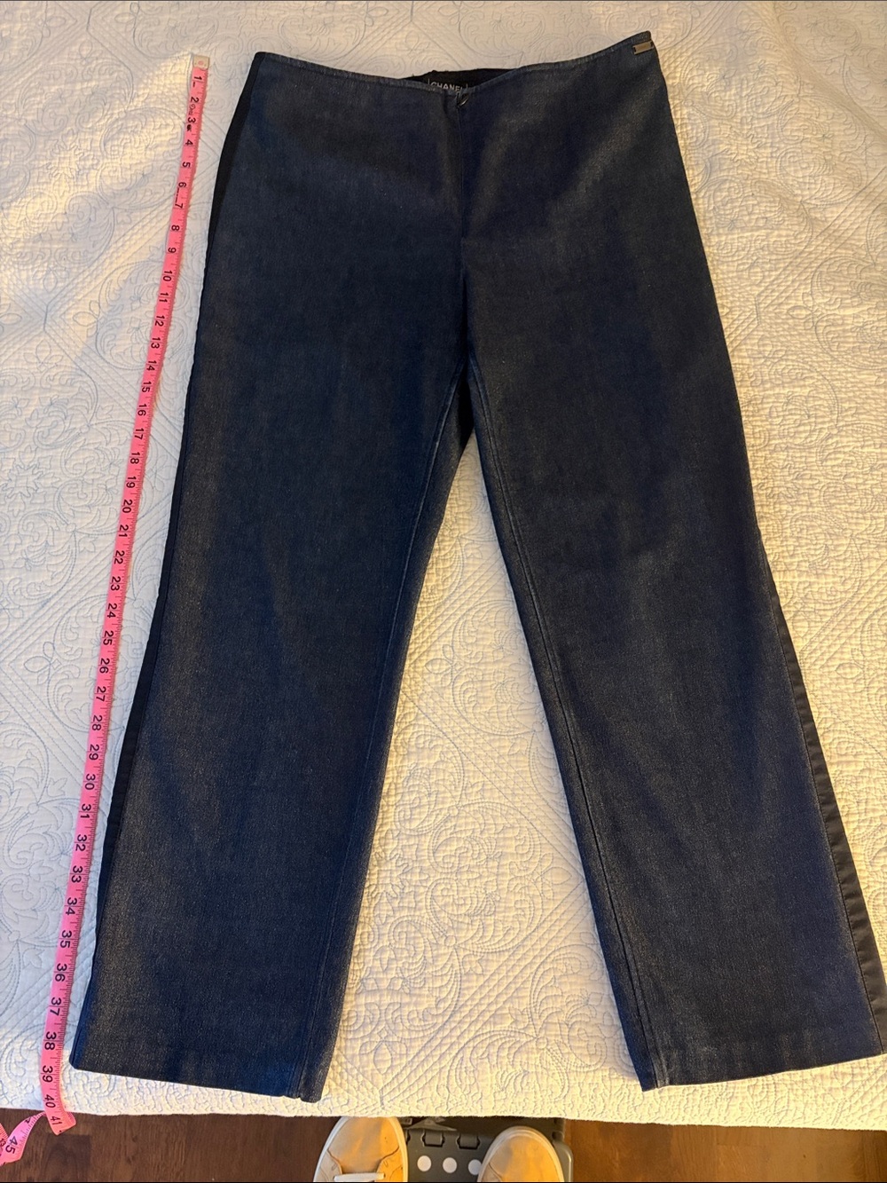 CHANEL Dark Blue Straight-Leg Women's Jeans. Silver thread woven through.